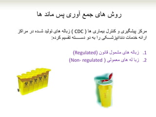 ‫ها‬ ‫ماند‬ ‫پس‬ ‫آوری‬ ‫جمع‬ ‫های‬ ‫روش‬
‫ها‬ ‫بیماری‬ ‫کنترل‬ ‫و‬ ‫پیشگیری‬ ‫مرکز‬(CDC)‫مراکز‬ ‫در‬ ‫شــده‬ ‫تولید‬ ‫های‬ ‫زباله‬
‫دو‬ ‫به‬ ‫را‬ ‫دندانپزشـــکی‬ ‫خدمات‬ ‫ارائه‬‫دســـــته‬‫کرده‬ ‫تقسیم‬:
.1‫زباله‬‫قانون‬ ‫مشمول‬ ‫های‬(Regulated)
.2‫زبا‬‫معمولی‬ ‫های‬ ‫له‬(Non- regulated)
 