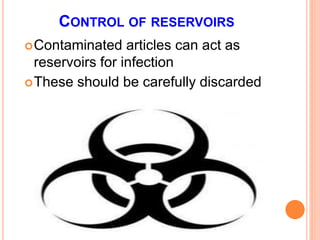 CONTROL OF RESERVOIRS
Contaminated articles can act as
reservoirs for infection
These should be carefully discarded
 