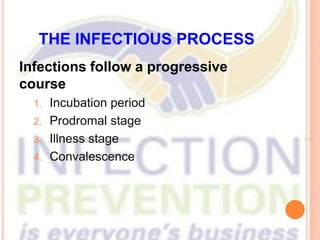 THE INFECTIOUS PROCESS
Infections follow a progressive
course
1. Incubation period
2. Prodromal stage
3. Illness stage
4. Convalescence
 