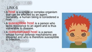LINK 6
• A host is a simple or complex organism
that can be affected by an agent.
Generally, a human being is considered a
host.
• A susceptible host is a person who
lacks resistance to an agent and is thus
vulnerable to disease.
• A compromised host is a person
whose normal defense mechanisms are
impaired and who is therefore susceptible
to infection.
 