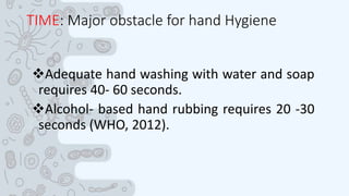 TIME: Major obstacle for hand Hygiene
Adequate hand washing with water and soap
requires 40- 60 seconds.
Alcohol- based hand rubbing requires 20 -30
seconds (WHO, 2012).
 