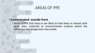 AREAS OF PPE
• Contaminated- outside front
• Areas of PPE that have or are likely to have been in contact with
body sites, materials or environmental surfaces where the
infectious microorganisms may reside.
 