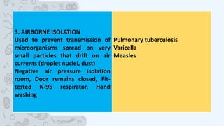3. AIRBORNE ISOLATION
Used to prevent transmission of
microorganisms spread on very
small particles that drift on air
currents (droplet nuclei, dust)
Negative air pressure isolation
room, Door remains closed, Fit-
tested N-95 respirator, Hand
washing
Pulmonary tuberculosis
Varicella
Measles
 