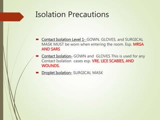 Isolation Precautions
 Contact Isolation Level 1- GOWN, GLOVES, and SURGICAL
MASK MUST be worn when entering the room. Esp. MRSA
AND SARS
 Contact Isolation- GOWN and GLOVES This is used for any
Contact Isolation cases esp. VRE, LICE SCABIES, AND
WOUNDS.
 Droplet Isolation- SURGICAL MASK
 
