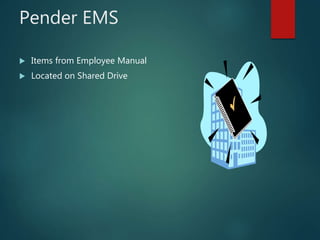 Pender EMS
 Items from Employee Manual
 Located on Shared Drive
 