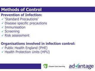 Methods of Control
Prevention of Infection:
‘Standard Precautions’
Disease specific precautions
Immunisation
Screening
Risk assessment
Organisations involved in infection control:
Public Health England (PHE)
Health Protection Units (HPU)
 