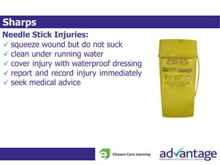 Sharps
Needle Stick Injuries:
squeeze wound but do not suck
clean under running water
cover injury with waterproof dressing
report and record injury immediately
seek medical advice
 