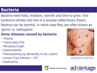 Bacteria
Bacteria need food, moisture, warmth and time to grow. One
bacterium divides into two in a process called binary fission.
Bacteria can be harmful, in which case they are often known as
‘germs’ or ‘pathogenic’
Some diseases caused by bacteria:
Tetanus
Tuberculosis (TB)
Whooping Cough
Gastro-enteritis
Food poisoning eg Salmonella, E-coli, Listeria
Urinary Tract Infection – UTI
Septicaemia
Septicaemia on child’s face
 