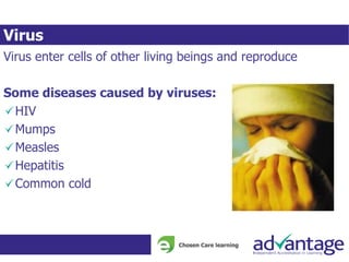 Virus
Virus enter cells of other living beings and reproduce
Some diseases caused by viruses:
HIV
Mumps
Measles
Hepatitis
Common cold
 