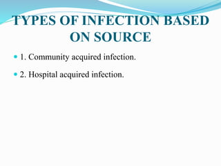 TYPES OF INFECTION BASED
ON SOURCE
 1. Community acquired infection.
 2. Hospital acquired infection.
 