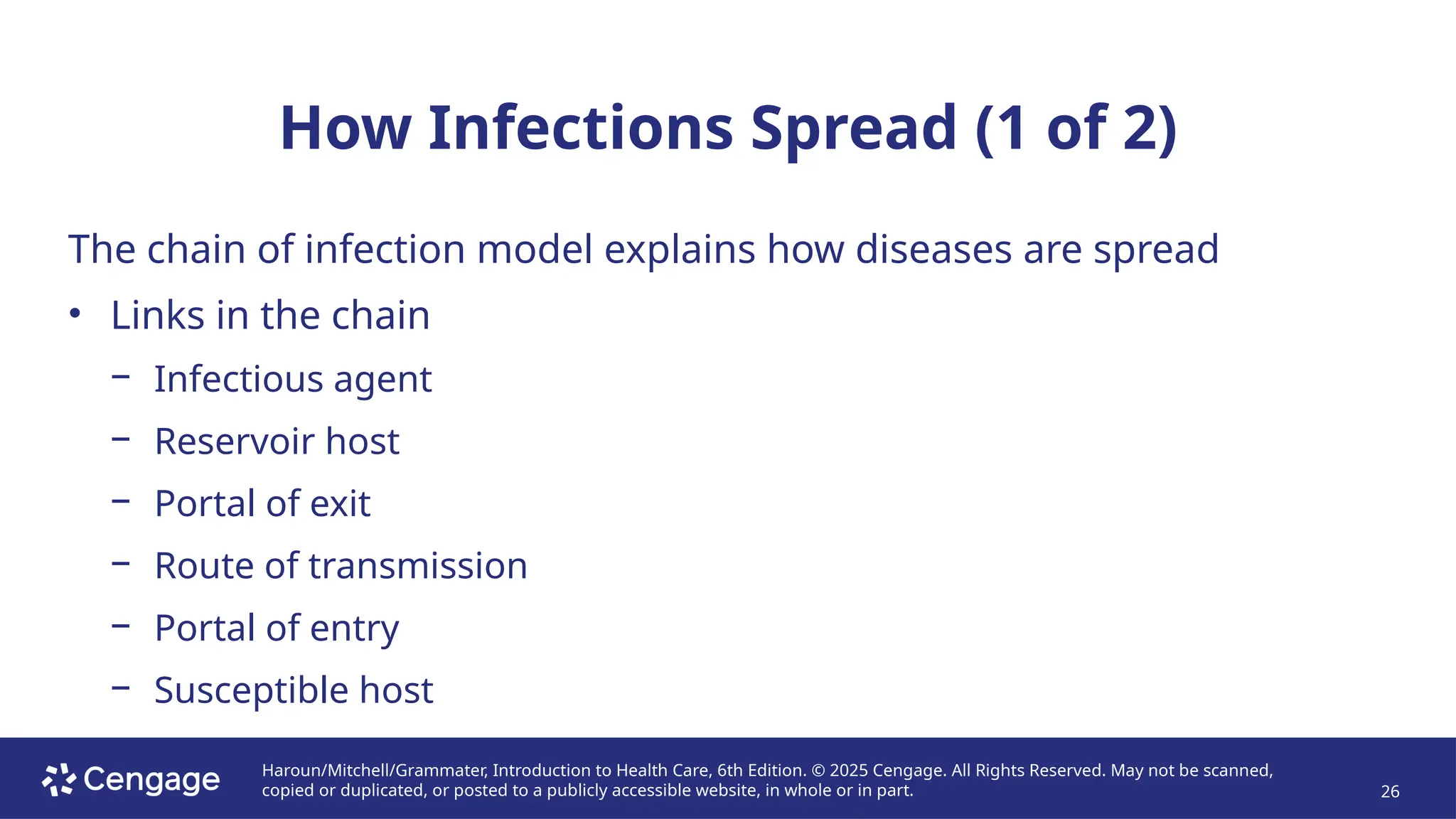 Haroun/Mitchell/Grammater, Introduction to Health Care, 6th Edition. © 2025 Cengage. All Rights Reserved. May not be scanned,
copied or duplicated, or posted to a publicly accessible website, in whole or in part. 26
How Infections Spread (1 of 2)
The chain of infection model explains how diseases are spread
• Links in the chain
− Infectious agent
− Reservoir host
− Portal of exit
− Route of transmission
− Portal of entry
− Susceptible host
 