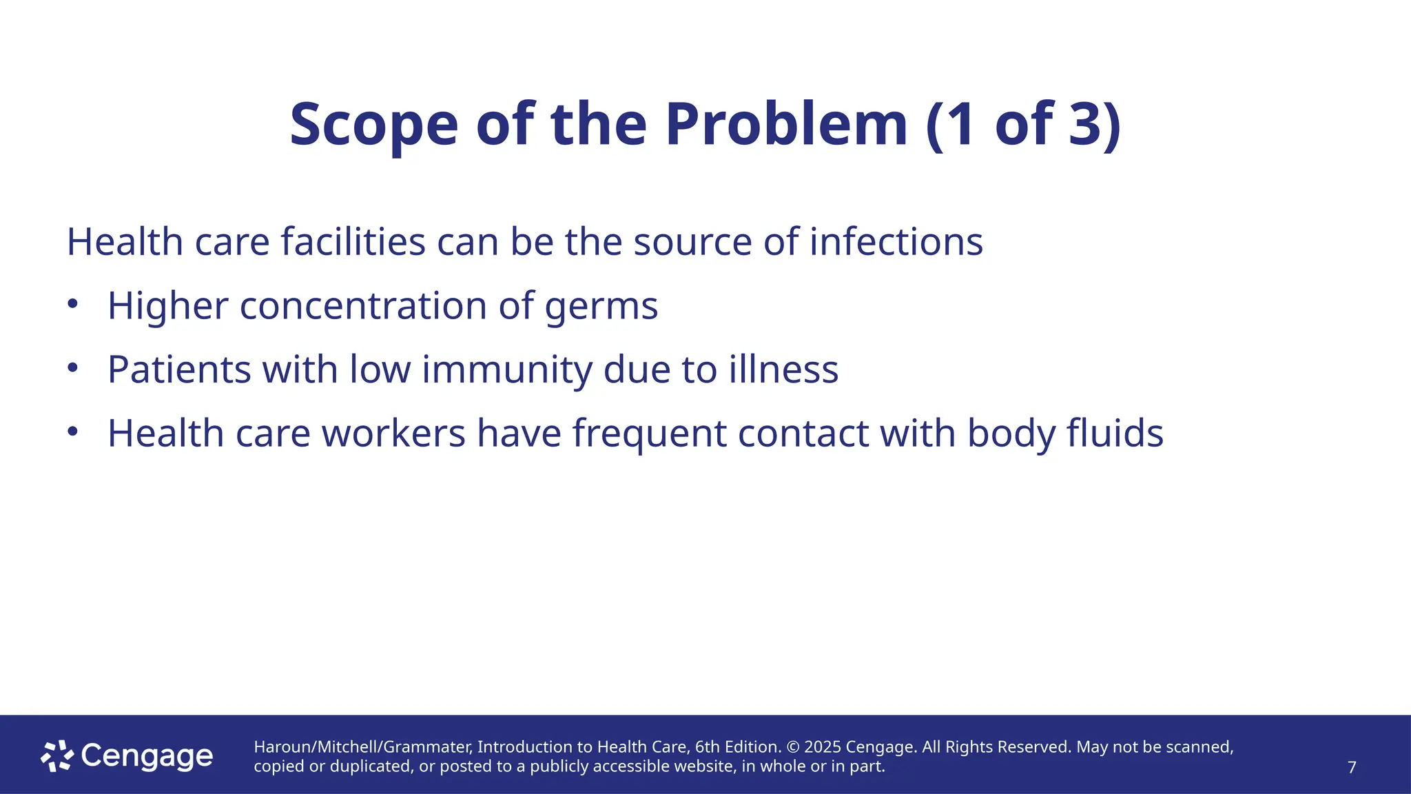 Haroun/Mitchell/Grammater, Introduction to Health Care, 6th Edition. © 2025 Cengage. All Rights Reserved. May not be scanned,
copied or duplicated, or posted to a publicly accessible website, in whole or in part. 7
Scope of the Problem (1 of 3)
Health care facilities can be the source of infections
• Higher concentration of germs
• Patients with low immunity due to illness
• Health care workers have frequent contact with body fluids
 