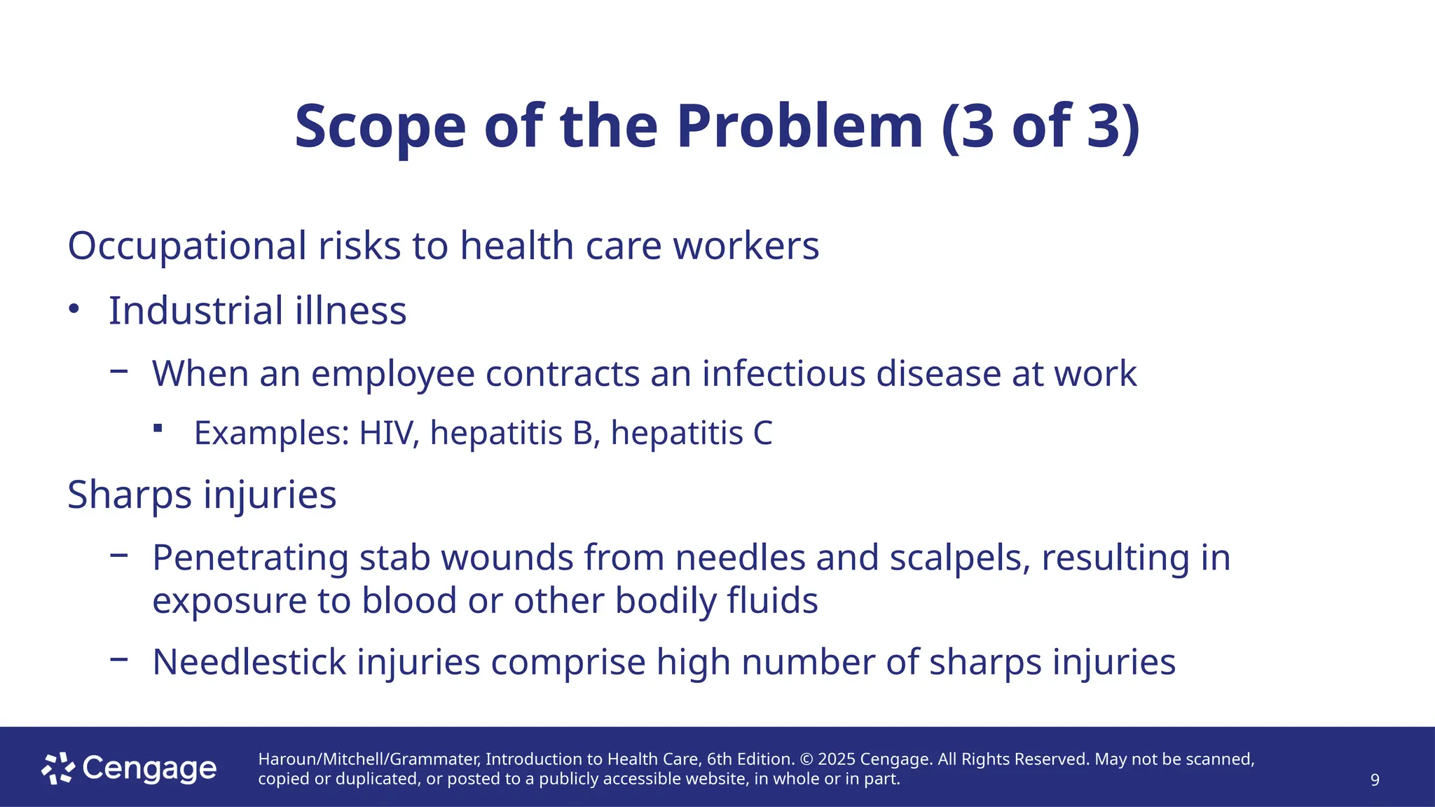 Haroun/Mitchell/Grammater, Introduction to Health Care, 6th Edition. © 2025 Cengage. All Rights Reserved. May not be scanned,
copied or duplicated, or posted to a publicly accessible website, in whole or in part. 9
Scope of the Problem (3 of 3)
Occupational risks to health care workers
• Industrial illness
− When an employee contracts an infectious disease at work
 Examples: HIV, hepatitis B, hepatitis C
Sharps injuries
− Penetrating stab wounds from needles and scalpels, resulting in
exposure to blood or other bodily fluids
− Needlestick injuries comprise high number of sharps injuries
 