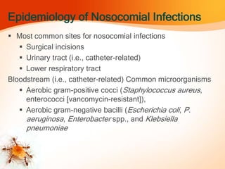 Epidemiology of Nosocomial Infections
 Most common sites for nosocomial infections
 Surgical incisions
 Urinary tract (i.e., catheter-related)
 Lower respiratory tract
Bloodstream (i.e., catheter-related) Common microorganisms
 Aerobic gram-positive cocci (Staphylococcus aureus,
enterococci [vancomycin-resistant]),
 Aerobic gram-negative bacilli (Escherichia coli, P.
aeruginosa, Enterobacter spp., and Klebsiella
pneumoniae
 