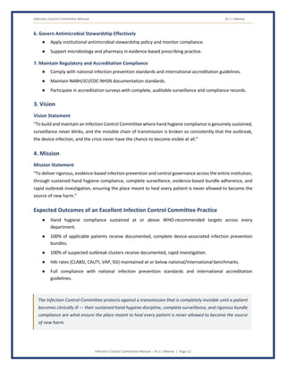 Infection Control Committee Manual Dr J L Meena
Infection Control Committee Manual – Dr J L Meena | Page 12
6. Govern Antimicrobial Stewardship Effectively
● Apply institutional antimicrobial stewardship policy and monitor compliance.
● Support microbiology and pharmacy in evidence-based prescribing practice.
7. Maintain Regulatory and Accreditation Compliance
● Comply with national infection prevention standards and international accreditation guidelines.
● Maintain NABH/JCI/CDC-NHSN documentation standards.
● Participate in accreditation surveys with complete, auditable surveillance and compliance records.
3. Vision
Vision Statement
“To build and maintain an Infection Control Committee where hand hygiene compliance is genuinely sustained,
surveillance never blinks, and the invisible chain of transmission is broken so consistently that the outbreak,
the device infection, and the crisis never have the chance to become visible at all.”
4. Mission
Mission Statement
“To deliver rigorous, evidence-based infection prevention and control governance across the entire institution,
through sustained hand hygiene compliance, complete surveillance, evidence-based bundle adherence, and
rapid outbreak investigation, ensuring the place meant to heal every patient is never allowed to become the
source of new harm.”
Expected Outcomes of an Excellent Infection Control Committee Practice
● Hand hygiene compliance sustained at or above WHO-recommended targets across every
department.
● 100% of applicable patients receive documented, complete device-associated infection prevention
bundles.
● 100% of suspected outbreak clusters receive documented, rapid investigation.
● HAI rates (CLABSI, CAUTI, VAP, SSI) maintained at or below national/international benchmarks.
● Full compliance with national infection prevention standards and international accreditation
guidelines.
The Infection Control Committee protects against a transmission that is completely invisible until a patient
becomes clinically ill — their sustained hand hygiene discipline, complete surveillance, and rigorous bundle
compliance are what ensure the place meant to heal every patient is never allowed to become the source
of new harm.
 