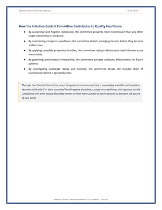 Infection Control Committee Manual Dr J L Meena
Infection Control Committee Manual – Dr J L Meena | Page 15
How the Infection Control Committee Contributes to Quality Healthcare
● By sustaining hand hygiene compliance, the committee prevents more transmission than any other
single intervention in medicine.
● By maintaining complete surveillance, the committee detects emerging clusters before they become
visible crises.
● By applying complete prevention bundles, the committee reduces device-associated infection rates
measurably.
● By governing antimicrobial stewardship, the committee protects antibiotic effectiveness for future
patients.
● By investigating outbreaks rapidly and honestly, the committee breaks the invisible chain of
transmission before it spreads further.
The Infection Control Committee protects against a transmission that is completely invisible until a patient
becomes clinically ill — their sustained hand hygiene discipline, complete surveillance, and rigorous bundle
compliance are what ensure the place meant to heal every patient is never allowed to become the source
of new harm.
 