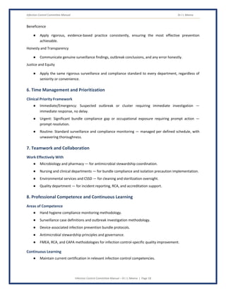 Infection Control Committee Manual Dr J L Meena
Infection Control Committee Manual – Dr J L Meena | Page 18
Beneficence
● Apply rigorous, evidence-based practice consistently, ensuring the most effective prevention
achievable.
Honesty and Transparency
● Communicate genuine surveillance findings, outbreak conclusions, and any error honestly.
Justice and Equity
● Apply the same rigorous surveillance and compliance standard to every department, regardless of
seniority or convenience.
6. Time Management and Prioritization
Clinical Priority Framework
● Immediate/Emergency: Suspected outbreak or cluster requiring immediate investigation —
immediate response, no delay.
● Urgent: Significant bundle compliance gap or occupational exposure requiring prompt action —
prompt resolution.
● Routine: Standard surveillance and compliance monitoring — managed per defined schedule, with
unwavering thoroughness.
7. Teamwork and Collaboration
Work Effectively With
● Microbiology and pharmacy — for antimicrobial stewardship coordination.
● Nursing and clinical departments — for bundle compliance and isolation precaution implementation.
● Environmental services and CSSD — for cleaning and sterilization oversight.
● Quality department — for incident reporting, RCA, and accreditation support.
8. Professional Competence and Continuous Learning
Areas of Competence
● Hand hygiene compliance monitoring methodology.
● Surveillance case definitions and outbreak investigation methodology.
● Device-associated infection prevention bundle protocols.
● Antimicrobial stewardship principles and governance.
● FMEA, RCA, and CAPA methodologies for infection control-specific quality improvement.
Continuous Learning
● Maintain current certification in relevant infection control competencies.
 