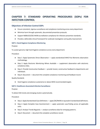 Infection Control Committee Manual Dr J L Meena
Infection Control Committee Manual – Dr J L Meena | Page 28
CHAPTER 7: STANDARD OPERATING PROCEDURES (SOPs) FOR
INFECTION CONTROL
Objectives of Infection Control SOPs
● Ensure consistent, rigorous surveillance and compliance monitoring across every department.
● Minimize harm through systematic, documented prevention protocols.
● Support NABH/JCI/CDC-NHSN accreditation compliance for infection prevention standards.
● Provide a defensible clinical framework for outbreak investigation and quality improvement.
SOP 1: Hand Hygiene Compliance Monitoring
Purpose
To sustain genuine, high hand hygiene compliance across every department.
Procedure
● Step 1: Apply Systematic Direct Observation — apply standardized WHO Five Moments observation
methodology.
● Step 2: Apply Electronic Monitoring Where Available — supplement observation with electronic
compliance data.
● Step 3: Provide Constructive Feedback — provide honest, constructive feedback to departments and
individuals.
● Step 4: Document — document the complete compliance monitoring and feedback record.
Quality Standards
● Hand hygiene compliance sustained at or above WHO-recommended targets.
SOP 2: Healthcare-Associated Infection Surveillance
Purpose
To detect HAI trends and emerging clusters systematically.
Procedure
● Step 1: Apply Standardized Case Definitions — apply CDC/NHSN or equivalent standardized definitions.
● Step 2: Apply Complete Case Ascertainment — apply systematic case-finding across all applicable
units.
● Step 3: Analyse Trends Regularly — analyse surveillance data for emerging patterns.
● Step 4: Document — document the complete surveillance record.
 