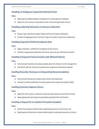 Infection Control Committee Manual Dr J L Meena
Infection Control Committee Manual – Dr J L Meena | Page 36
Handling an Ambiguous Suspected Outbreak Cluster
Steps
● Apply rigorous epidemiological investigation to resolve genuine ambiguity.
● Apply the more cautious interpretation when uncertainty genuinely remains.
Handling Leadership Reluctance on Resource Allocation
Steps
● Present clear, data-driven patient safety and financial impact justification.
● Escalate through governance channels if a genuine safety risk persists unaddressed.
Handling Suspected Falsified Compliance Data
Steps
● Apply immediate, confidential investigation of the concern.
● Escalate to appropriate leadership and human resources per institutional protocol.
Handling Transparent Communication with Affected Patients
Steps
● Communicate honestly and compassionately about the infection and its management.
● Coordinate with the clinical and quality teams on genuine institutional response.
Handling Prescriber Resistance to Stewardship Recommendations
Steps
● Communicate the genuine evidence base clearly and respectfully.
● Escalate to medical leadership if resistance genuinely compromises patient safety.
Handling Uncertain Exposure Source
Steps
● Apply the more cautious, protective assessment when genuine uncertainty remains.
● Apply appropriate post-exposure prophylaxis pending further clarification.
Handling a Request for an Isolation Precaution Exception
Steps
● Decline the exception professionally, explaining the genuine transmission risk.
● Explore genuine alternative solutions addressing the underlying convenience concern.
 
