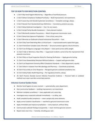 Infection Control Committee Manual Dr J L Meena
Infection Control Committee Manual – Dr J L Meena | Page 48
TOP 20 DON'TS FOR INFECTION CONTROL
● 1. Don't Skip Hand Hygiene Monitoring — Regardless of workload pressure.
● 2. Don't Deliver Compliance Feedback Punitively — Build improvement, not resentment.
● 3. Don't Leave Any Unit Outside Systematic Surveillance — Complete coverage, always.
● 4. Don't Deviate from Standardized Case Definitions — Consistency protects accuracy.
● 5. Don't Delay Outbreak Investigation — Ever, for any reason.
● 6. Don't Accept Partial Bundle Compliance — Every element matters.
● 7. Don't Misclassify Isolation Precautions — Match the genuine transmission route.
● 8. Don't Delay Post-Exposure Prophylaxis — Time-critical, every time.
● 9. Don't Minimize an Outbreak to Avoid Institutional Discomfort — Ever.
● 10. Don't Skip Team Debriefing After a Critical Event — Unprocessed events repeat their gaps.
● 11. Don't Hand Over Complex Cases Informally — Structure protects against critical omissions.
● 12. Don't Use Ambiguous Language in Any Report — Every word carries safety weight.
● 13. Don't Hide or Minimize a Near-Miss — Suppressed incidents cannot drive the improvement that
prevents recurrence.
● 14. Don't Rely on Visual Inspection Alone for Cleaning Verification — Apply genuine testing.
● 15. Don't Issue Stewardship Directives Without Evidence — Support with genuine data.
● 16. Don't Let Department Seniority Affect Compliance Standards — Every department, equally.
● 17. Don't Work in Isolation from Microbiology and Pharmacy — Coordinate proactively.
● 18. Don't Focus Only on Crisis Response — Recognize genuine sustained compliance too.
● 19. Don't Delay Public Health Reporting — Per regulatory timeline, always.
● 20. Don't Practice Outside Current Infection Prevention Evidence — Personal habit or outdated
method must never override current best practice.
Infection Control Golden Rules
● Monitor hand hygiene at every moment — systematically, every department.
● Give constructive feedback — building improvement, not resentment.
● Maintain complete surveillance — every applicable unit, every day.
● Investigate every suspected outbreak immediately — no delay, ever.
● Audit complete bundle compliance — never sample only some elements.
● Apply correct isolation classification — matched to genuine transmission route.
● Apply immediate post-exposure prophylaxis — every exposure, without delay.
● Communicate outbreak findings transparently — never minimize genuine concern.
● Report every near-miss — honestly, including your own.
 