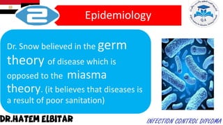 Epidemiology
Dr. Snow believed in the germ
theory of disease which is
opposed to the miasma
theory. (it believes that diseases is
a result of poor sanitation)
 
