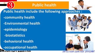 Public health include the following approaches :
-community health
-Environmental health
-epidemiology
-biostatistics
-behavioral health
-occupational health
Public health
 
