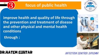 improve health and quality of life through
the prevention and treatment of disease
and other physical and mental health
conditions
through :
focus of public health
 