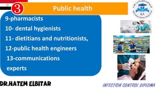 9-pharmacists
10- dental hygienists
11- dietitians and nutritionists,
12-public health engineers
13-communications
experts
Public health
 
