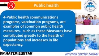 4-Public health communications
programs, vaccination programs, are
examples of common public health
measures. such as these Measures have
contributed greatly to the health of
populations and increases in life
expectancy.
Public health
 