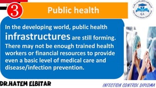 In the developing world, public health
infrastructuresare still forming.
There may not be enough trained health
workers or financial resources to provide
even a basic level of medical care and
disease/infection prevention.
Public health
 