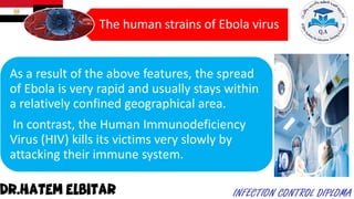 The human strains of Ebola virus
As a result of the above features, the spread
of Ebola is very rapid and usually stays within
a relatively confined geographical area.
In contrast, the Human Immunodeficiency
Virus (HIV) kills its victims very slowly by
attacking their immune system.
 