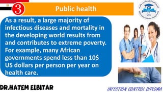 As a result, a large majority of
infectious diseases and mortality in
the developing world results from
and contributes to extreme poverty.
For example, many African
governments spend less than 10$
US dollars per person per year on
health care.
Public health
 