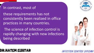 In contrast, most of
these requirements has not
consistently been realized in office
practices in many countries.
The science of infection control is
rapidly changing with new infections
being described
 