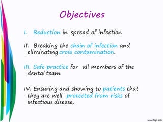 Objectives
I. Reduction in spread of infection
II. Breaking the chain of infection and
eliminating cross contamination.
III. Safe practice for all members of the
dental team.
IV. Ensuring and showing to patients that
they are well protected from risks of
infectious disease.
 
