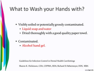 What to Wash your Hands with?
 Visiblysoiled orpotentiallygrossly contaminated.
 Liquid soap andwater
 Dried thoroughlywith agood qualitypaper towel.
 Contaminated.
 Alcohol hand gel.
Guidelines for Infection Control in Dental Health CareSettings
Sharon K. Dickinson, CDA, CDPMA, RDA; Richard D. Bebermeyer, DDS, MBA
 