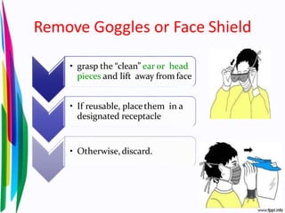Remove Goggles or Face Shield
• grasp the “clean” ear or head
pieces and lift away from face
• If reusable, placethem in a
designated receptacle
• Otherwise, discard.
 