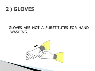 GLOVES ARE NOT A SUBSTITUTES FOR HAND
WASHING
2 ) GLOVES
 