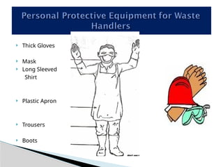  Thick Gloves
 Mask
 Long Sleeved
Shirt
 Plastic Apron
 Trousers
 Boots
 