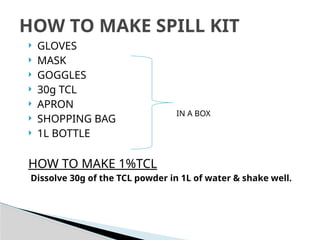  GLOVES
 MASK
 GOGGLES
 30g TCL
 APRON
 SHOPPING BAG
 1L BOTTLE
HOW TO MAKE 1%TCL
Dissolve 30g of the TCL powder in 1L of water & shake well.
HOW TO MAKE SPILL KIT
IN A BOX
 