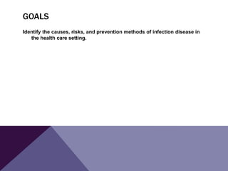 GOALS
Identify the causes, risks, and prevention methods of infection disease in
the health care setting.
 