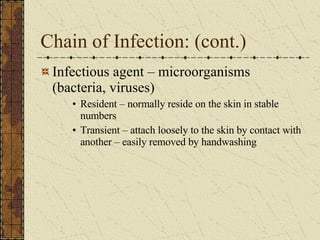 Chain of Infection: (cont.) Infectious agent – microorganisms (bacteria, viruses) Resident – normally reside on the skin in stable numbers Transient – attach loosely to the skin by contact with another – easily removed by handwashing 