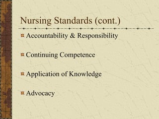 Nursing Standards (cont.) Accountability & Responsibility Continuing Competence Application of Knowledge Advocacy 