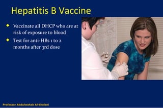 Hepatitis B Vaccine
 Vaccinate all DHCP who are at
risk of exposure to blood
 Test for anti-HBs 1 to 2
months after 3rd dose
Dr. Abdulwahab Al-kholaniProfessor Abdulwahab Al-kholani
 