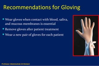 Recommendations for Gloving
Wear gloves when contact with blood, saliva,
and mucous membranes is essential
Remove gloves after patient treatment
Wear a new pair of gloves for each patient
Dr. Abdulwahab Al-kholaniProfessor Abdulwahab Al-kholani
 