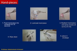 1- Flush hand-piece into
container for 30
seconds
2- Lubricate hand-piece2- Lubricate hand-piece 3- Reattach hand-piece3- Reattach hand-piece
and spray excess oiland spray excess oil
out by air onlyout by air only
4- Wipe clean4- Wipe clean
5- place in5- place in
envelopeenvelope
Dr. Abdulwahab Al-kholaniProfessor Abdulwahab Al-kholani
Hand-pieces
 