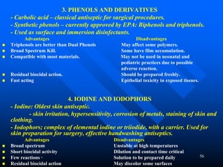 56
3. PHENOLS AND DERIVATIVES
- Carbolic acid – classical antiseptic for surgical procedures.
- Synthetic phenols – currently approved by EPA: Biphenols and triphenols.
- Used as surface and immersion disinfectants.
Advantages Disadvantages
 Triphenols are better than Dual Phenols May affect some polymers.
 Broad Spectrum Kill. Some have film accumulation.
 Compatible with most materials. May not be used in neonatal and
pediatric practices due to possible
adverse reaction.
 Residual biocidal action. Should be prepared freshly.
 Fast acting Epithelial toxicity in exposed tissues.
4. IODINE AND IODOPHORS
- Iodine: Oldest skin antiseptic.
- skin irritation, hypersensitivity, corrosion of metals, staining of skin and
clothing.
- Iodophors; complex of elemental iodine or triiodide, with a carrier. Used for
skin preparation for surgery, effective handwashing antiseptics.
Advantages Disadvantages
 Broad spectrum Unstable at high temperatures
 Short biocidal activity Dilution and contact time critical
 Few reactions · Solution to be prepared daily
 Residual biocidal action May discolor some surfaces
 