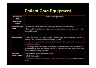 Patient Care Equipment
 Equipment                                   Reprocessing Method
     and
 patient-care
   articles
3.
3 Endotracheal   • These may be recycled after thorough cleaning and autoclaving
                                                                     autoclaving.
tubes            • Disposable endotracheal tubes are available but are more expensive than
                 recyclable ones.


4. Ambu-bags     These are used for resuscitation. Ambu-bags are extremely difficult to
                 disinfect and become contaminated very quickly:
                 • Heat is the most reliable method of disinfection; 2% glutaraldehyde is a less
                 acceptable method.
                 • The bags must be rinsed thoroughly in sterile water after immersion in
                 g
                 glutaraldehyde. This will reduce the risk of chemical irritation, which can itself
                             y
                 precipitate respiratory infection.
5. Oxygen        These can be disposable or reusable;
delivery masks   • Wash thoroughly.
                 • Soak in alcohol for 10 minutes or soak in chlorine (500 ppm), rinse, dry and
                 store.
 