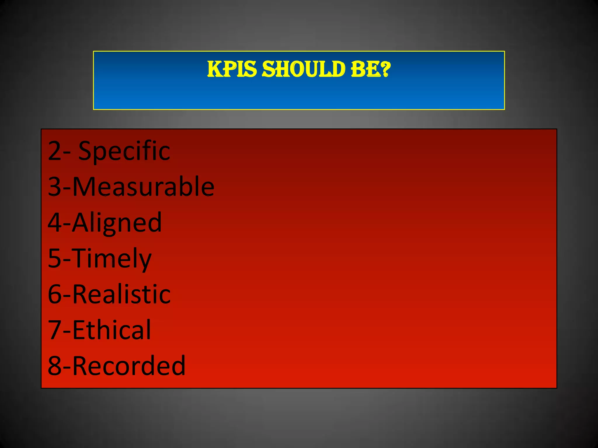 KPIs should be?

2- Specific
3-Measurable
4-Aligned
5-Timely
6-Realistic
7-Ethical
8-Recorded

 
