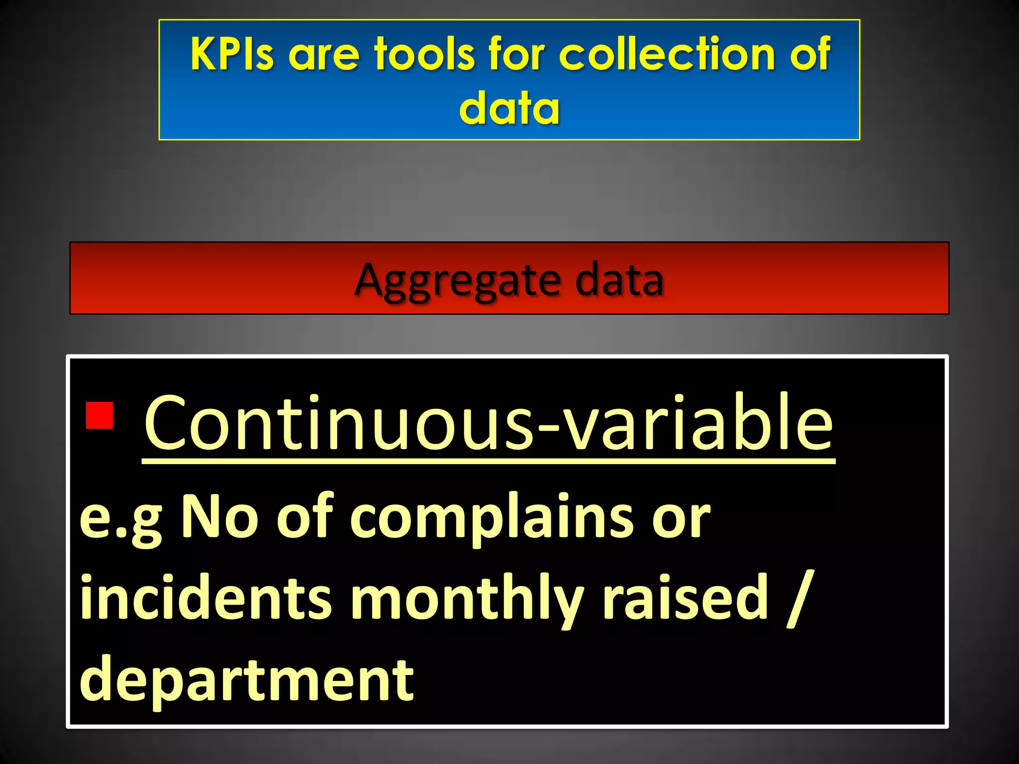 KPIs are tools for collection of
data

Aggregate data

 Continuous-variable
e.g No of complains or
incidents monthly raised /
department

 