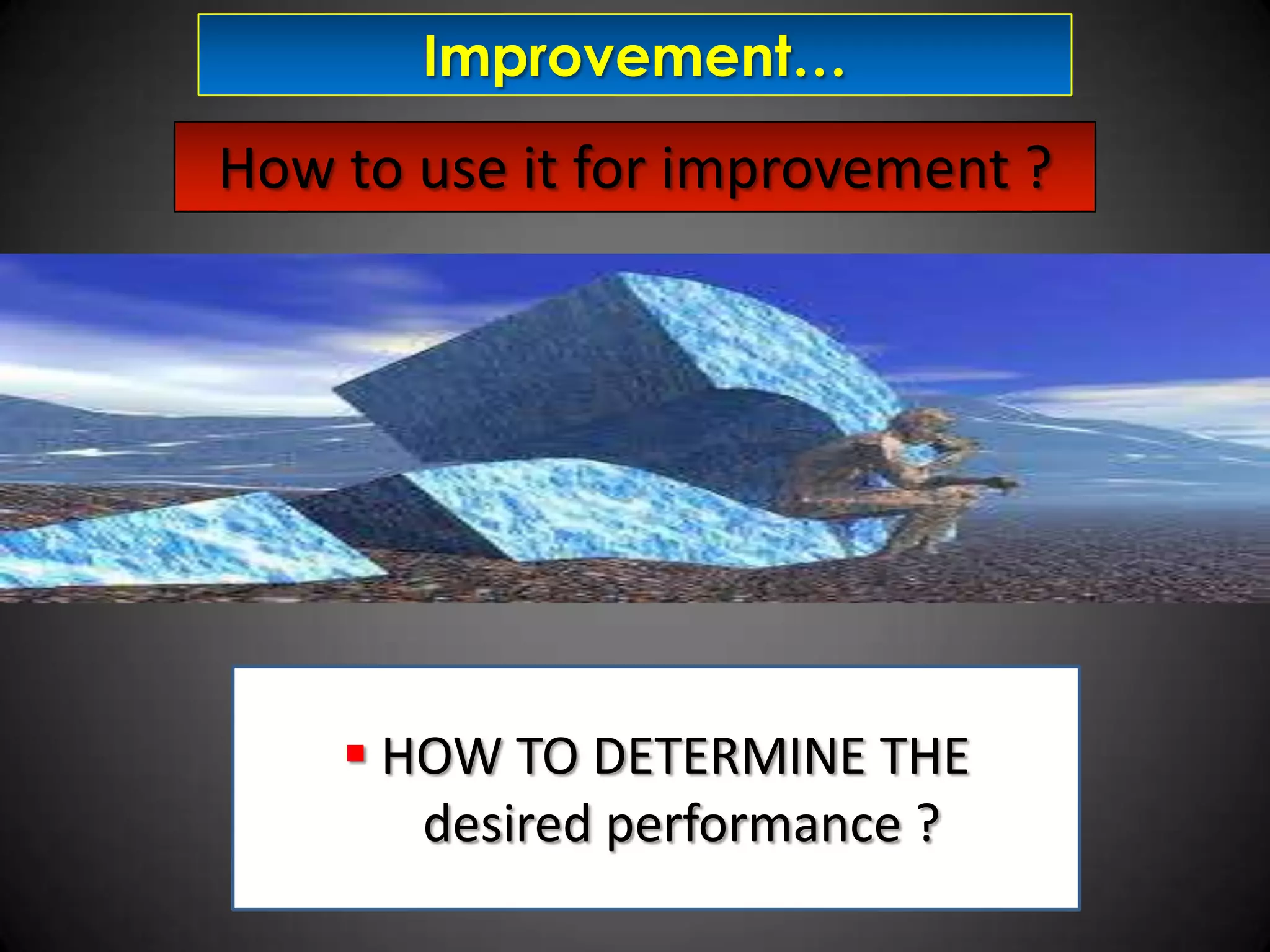 Improvement…

How to use it for improvement ?

 HOW TO DETERMINE THE
desired performance ?

 